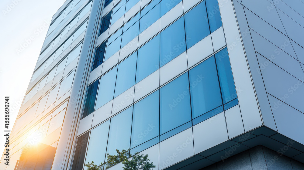 Modern office building with sleek glass facade and sunlight reflection Modern office building with sleek glass facade and sunlight reflection