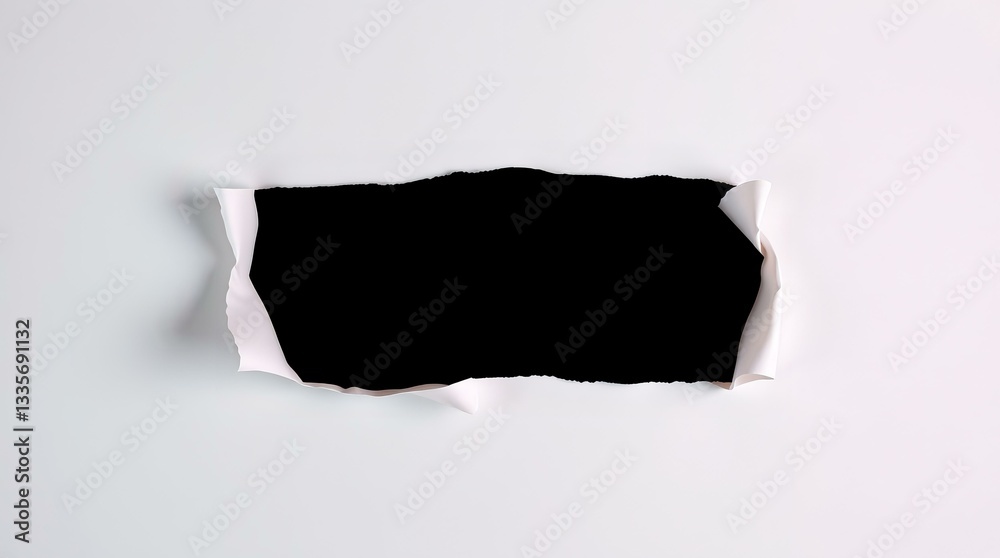 Torn Paper Reveals a Mysterious Black Void. A Minimalist Composition Showing a Rectangular Hole Ripped in a Sheet of White Paper, Torn Paper Reveals a Mysterious Black Void. A Minimalist Composition Showing a Rectangular Hole Ripped in a Sheet of White Paper,