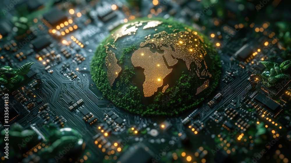 Obraz premium Global interconnectedness. Earth model on circuit board
