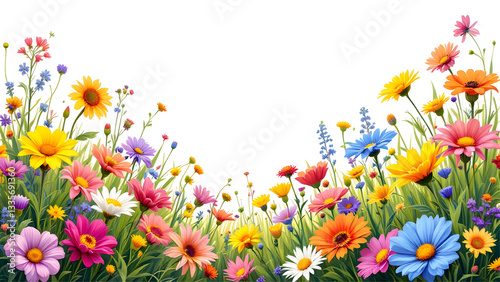 Colorful meadow and garden flowers isolated transparent background.