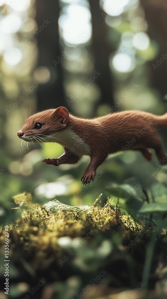 Obraz premium Leaping Least Weasel in the Forest