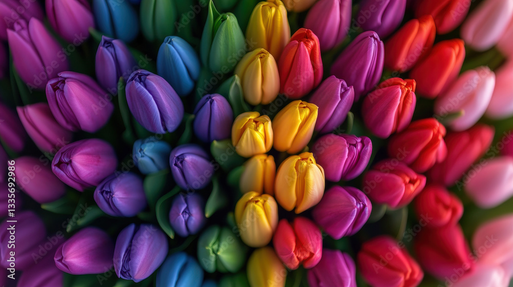 Obraz premium Vibrant tulips in various colors create stunning floral display, showcasing nature beauty and diversity