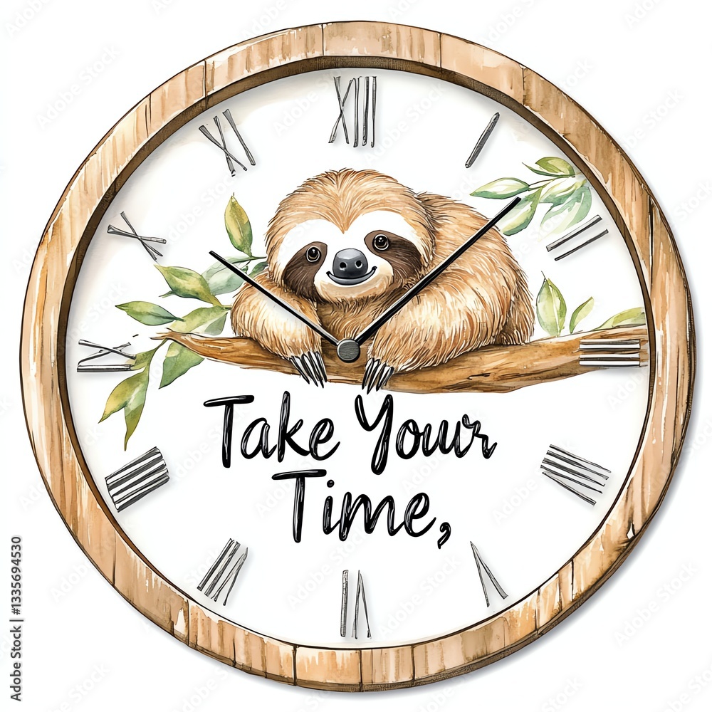 Fototapeta premium A charming wall clock featuring a sloth and the quote 'Take Your Time'. Perfect for relaxation and positivity.
