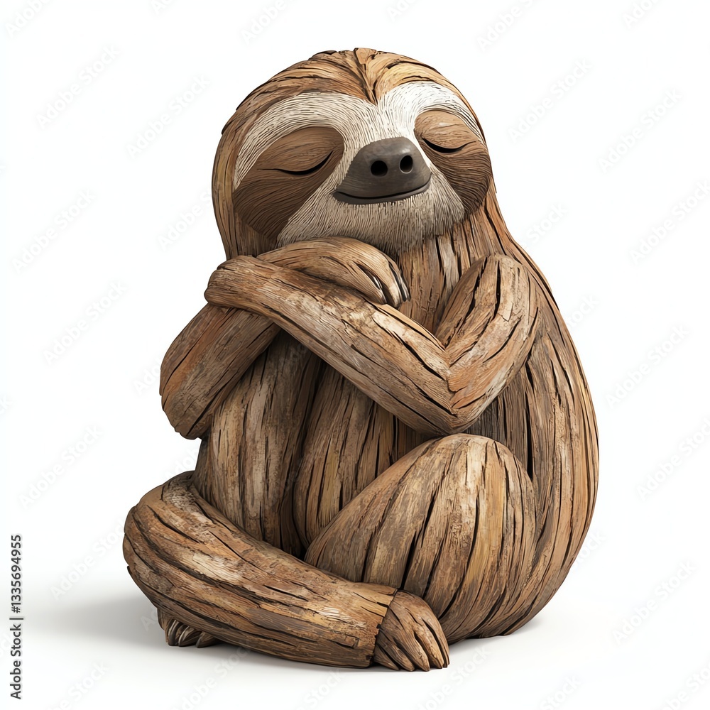 Fototapeta premium A charming wooden sloth sculpture, embodying relaxation and tranquility in its unique, artistic design.