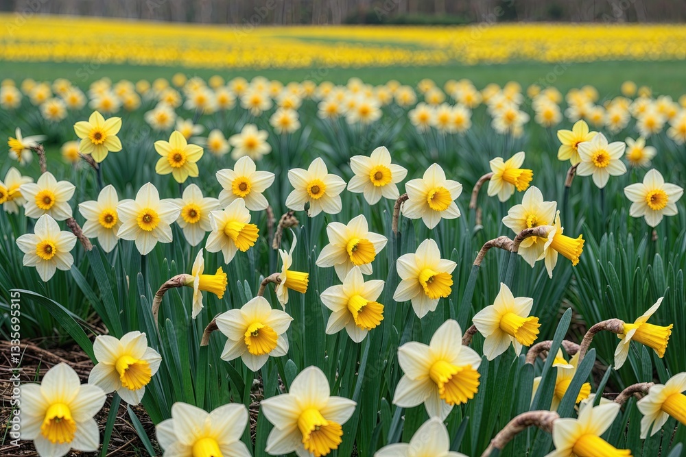 Obraz premium Vibrant Meadow Landscape Featuring Blooming Yellow Daffodils in Natural Beauty