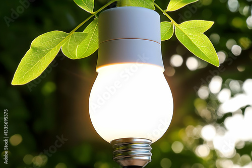Glowing LED bulb hanging on tree branch, green leaves background, nature, eco-friendly energy