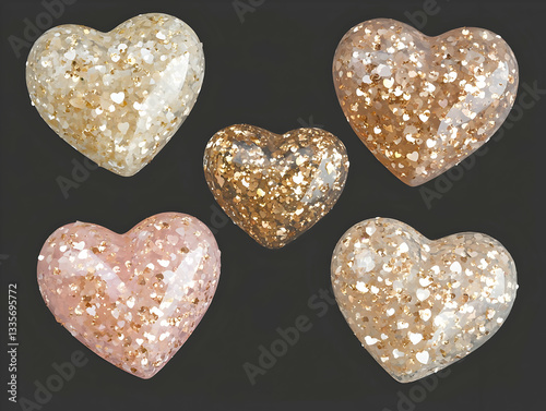 Glittery heart-shaped resin crafts on black