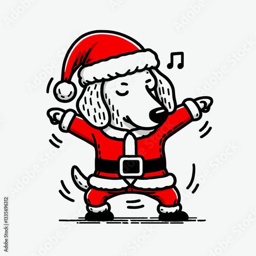 Dachshund Dog wearing Santa Claus costumes dancing and grooving a minimalist vector outline drawing