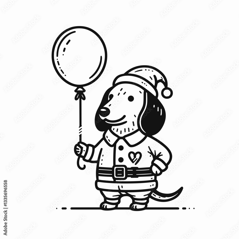Dachshund dog wearing Santa Claus costumes holding a balloon vector graphic minimalist illustration of a happy holiday pup Dachshund dog wearing Santa Claus costumes holding a balloon vector graphic minimalist illustration of a happy holiday pup