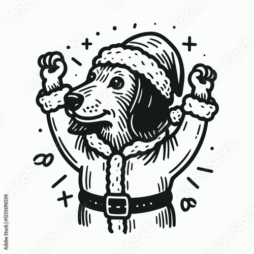 Dachshund dog wearing Santa Claus costumes hands raised in celebration vector graphic a joyful holiday doodle