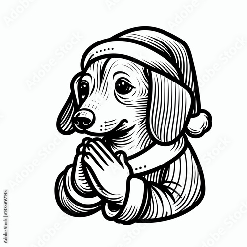 Dachshund dog wearing Santa Claus costumes praying hands gesture minimalist vector graphic a joyful holiday wish