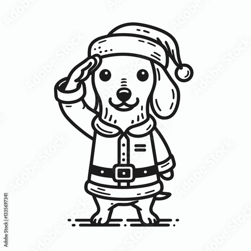 Dachshund Dog wearing Santa Claus costumes saluting a minimalist vector graphic illustration of a festive pup