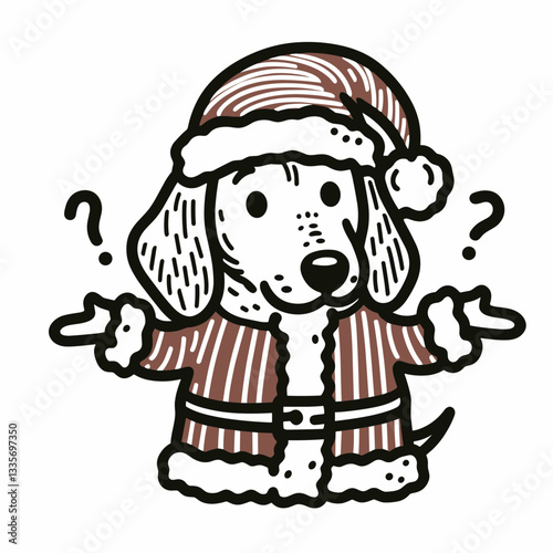 Dachshund dog wearing Santa Claus costumes shrugging a minimalist vector graphic depicts holiday cheer