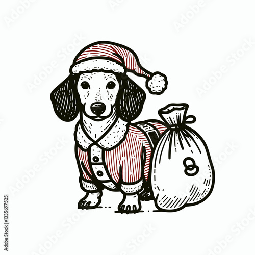 Dachshund Dog wearing Santa Claus costumes standing with a sack on its shoulder a minimalist vector graphic of a joyful holiday pup.