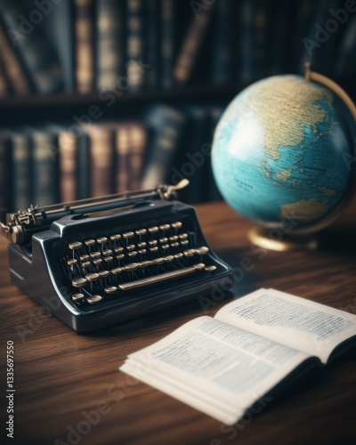 Vintage typewriter and globe on desk study room still life warm lighting classic literary concept