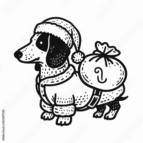 Dachshund Dog wearing Santa Claus costumes standing with a sack on its shoulder a minimalist vector graphic illustration of a festive pup