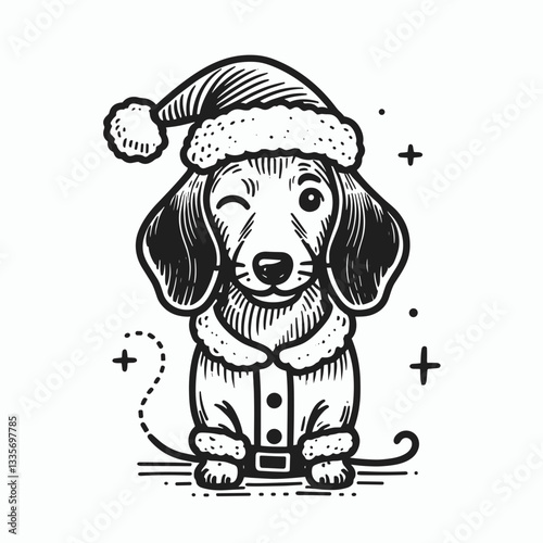 Dachshund Dog wear Santa Claus Costumes winking minimalist vector graphic of a sausage dog enjoying the holidays.