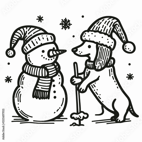 Dachshund Dog wearing a Santa hat builds a snowman a simple vector graphic of winter fun