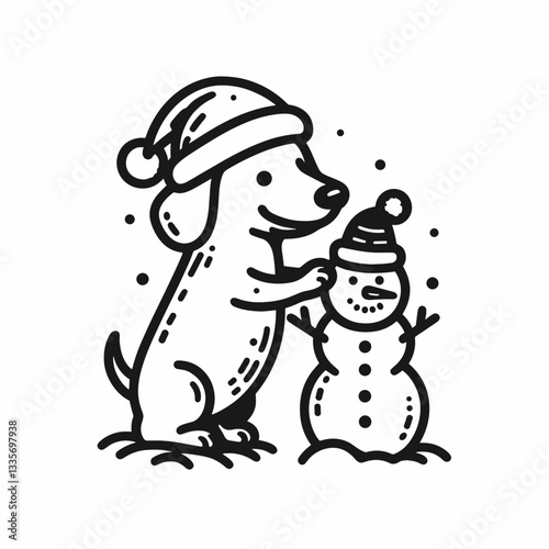 Dachshund dog wearing a Santa hat builds a tiny snowman a simple vector graphic.
