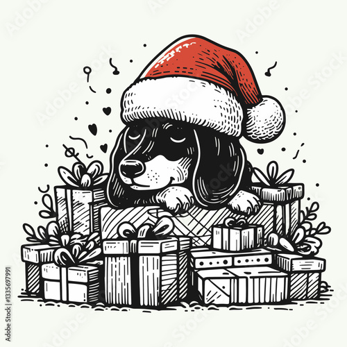 Dachshund dog wearing a Santa hat buried under a pile of presents a minimalist vector graphic depicts a joyful holiday scene