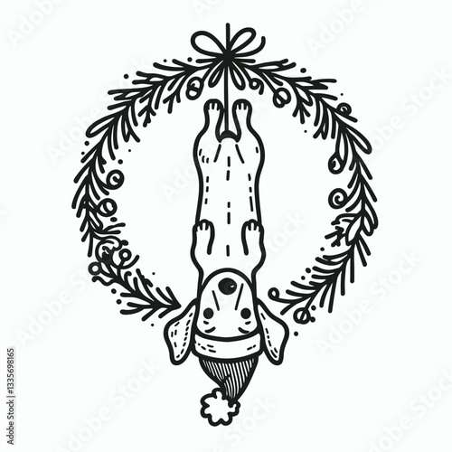 Dachshund dog wearing a Santa hat hangs upside down from a wreath a simple vector graphic of holiday cheer