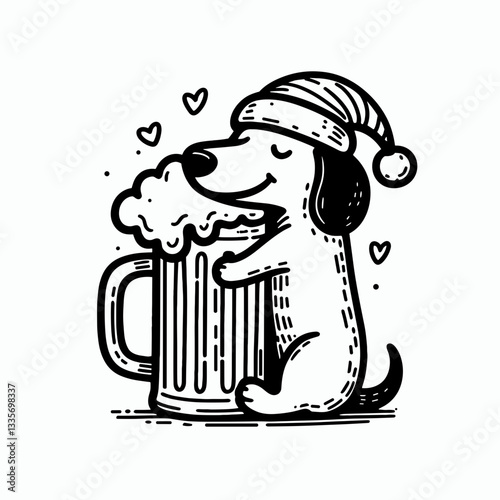 Dachshund dog wearing santa hat hugs huge beer mug a minimalist vector drawing of holiday cheer