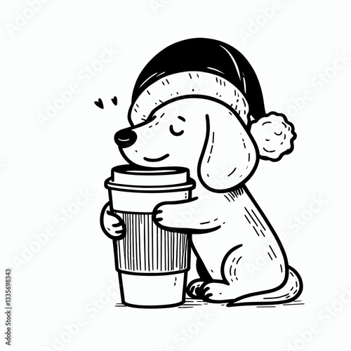 Dachshund dog wearing a Santa hat hugs a huge coffee cup a minimalist vector graphic.