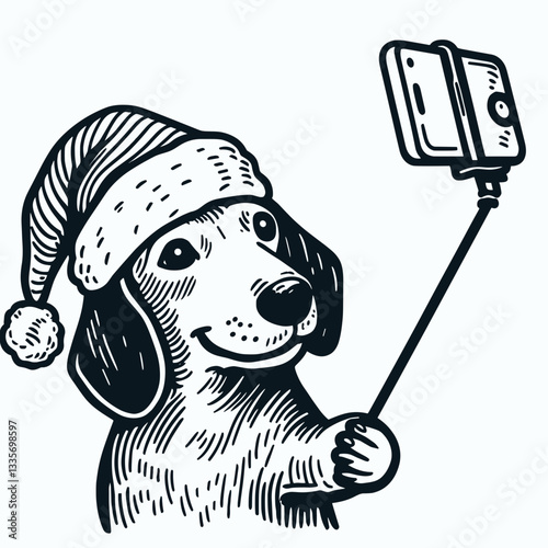 Dachshund Dog wear Santa hat selfie minimalist vector drawing a festive sausage dog Christmas portrait
