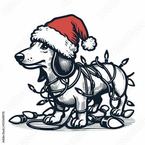 Dachshund dog wearing a Santa hat tangled in Christmas lights a minimalist vector outline drawing of a festive pup.