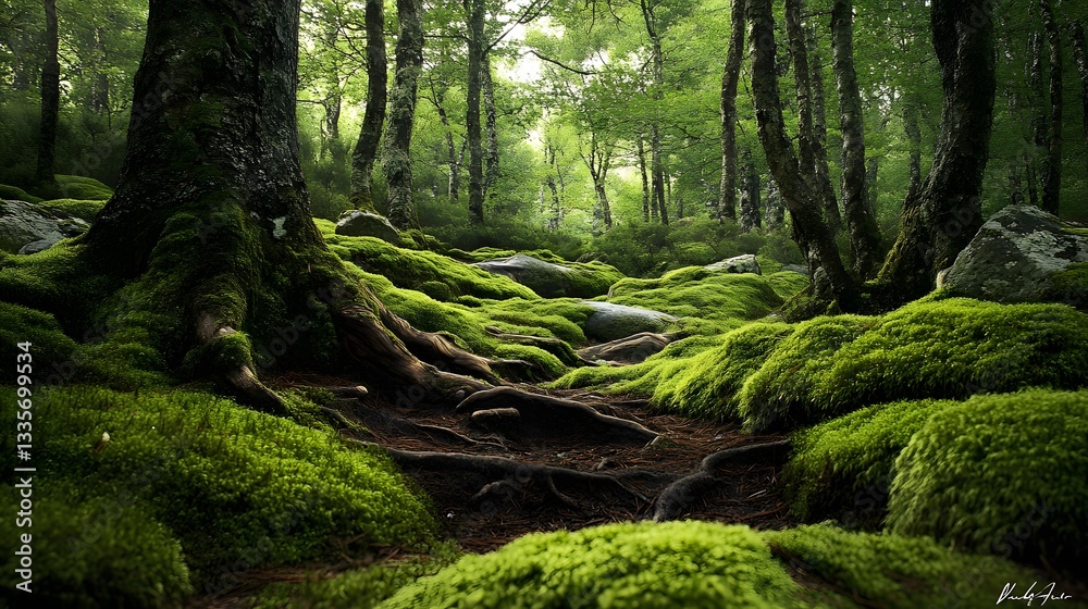 Obraz premium 66. A peaceful forest setting where moss grows on tree roots and rocks, intricate textures creating a serene and tranquil atmosphere