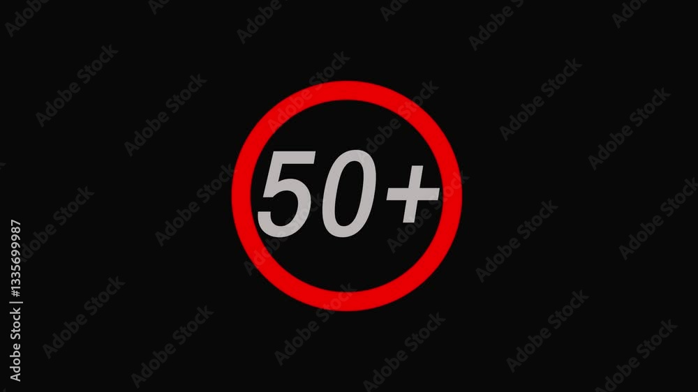 50 plus icon sign animation on white background.Under 50 sign warning symbol animation. 50 plus icon sign animation on white background.Under 50 sign warning symbol animation.