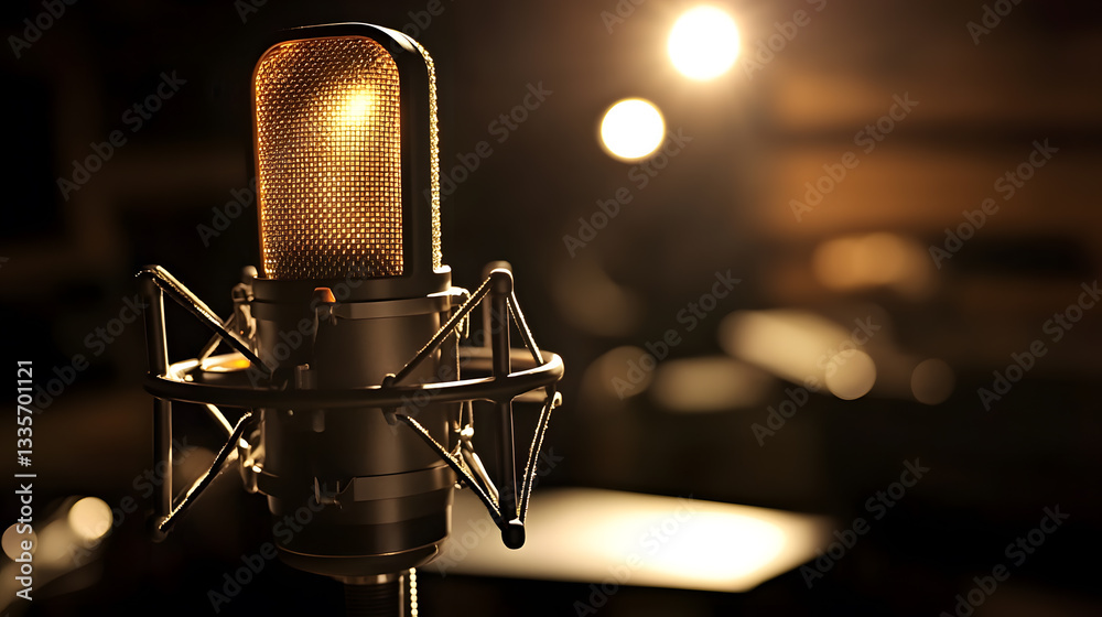 close up of condenser microphone with glowing LED ring in dimly lit studio, creating warm and inviting atmosphere. focus is on intricate details of microphone design close up of condenser microphone with glowing LED ring in dimly lit studio, creating warm and inviting atmosphere. focus is on intricate details of microphone design