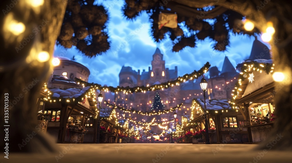 Fototapeta premium Magical Christmas Market at Night Festive Lights Castle Winter Wonderland