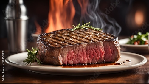 Juicy ribeye steak, rosemary garnish, plated fire background.