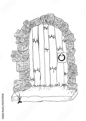 A hand drawn black and white illustration of a rustic wooden door set in a stone archway. Perfect for digital prints, home decor, storytelling, fantasy themes, and vintage designs.