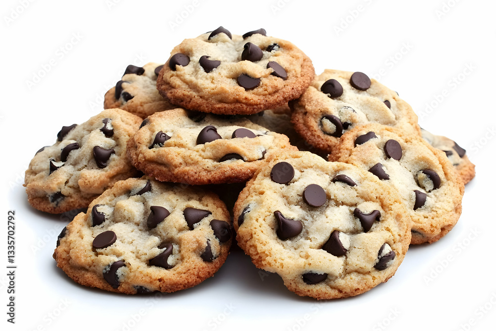 Pile of chocolate chip cookies isolated on white background. Possible use Food photography Pile of chocolate chip cookies isolated on white background. Possible use Food photography