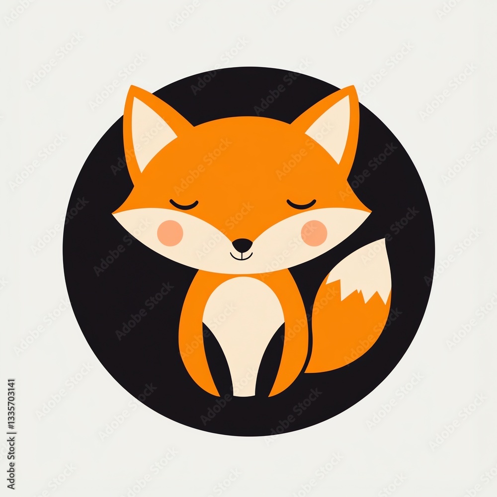 Obraz premium Adorable Sleepy Fox in Minimalist Black Circle Design, Perfect for Kids