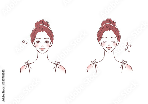 スキンケアをする可愛いお団子ヘアの女の子