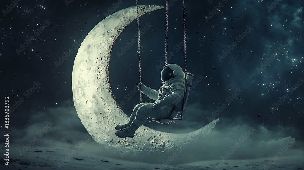 An astronaut is on a swing made out of the moon in space An astronaut is on a swing made out of the moon in space