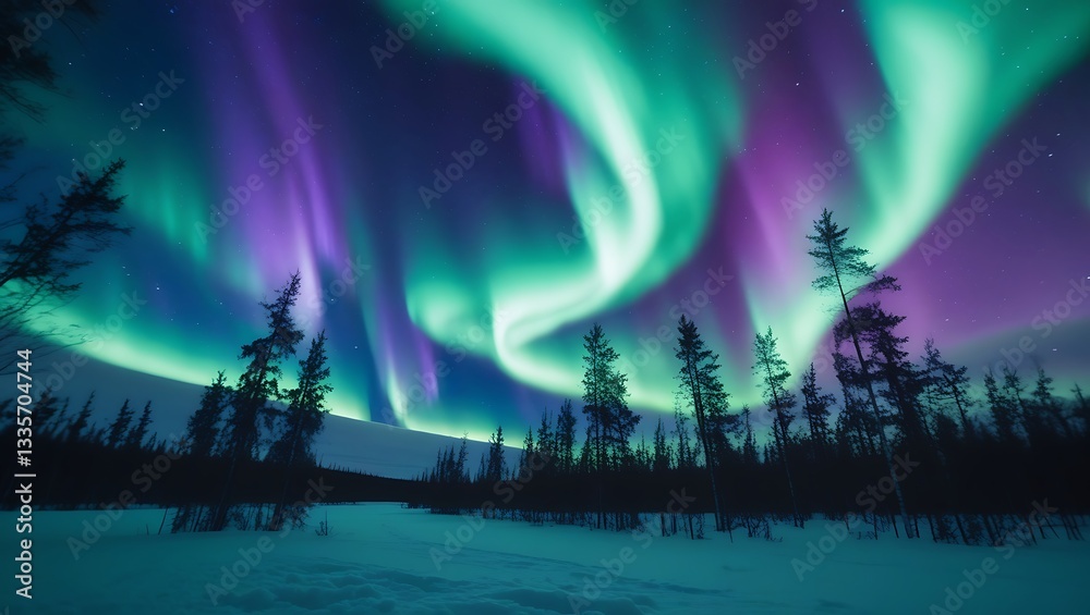 Obraz premium Mesmerizing Northern Lights with Swirling Green and Purple Waves Over Snowy Forest, Showcasing Nature's Breathtaking Aurora Borealis Spectacle