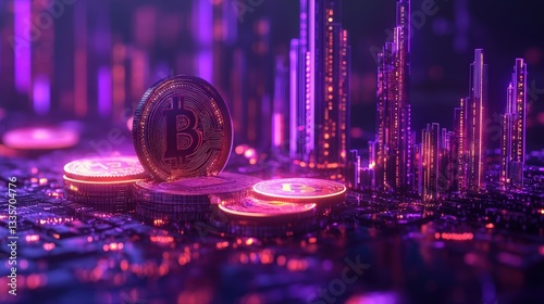 A digital representation of Bitcoin coins amidst a vibrant, futuristic cityscape, illuminated by purple and blue lights, symbolizing cryptocurrency and technology.