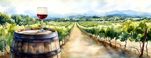 Vineyard red wine glass barrel landscape
