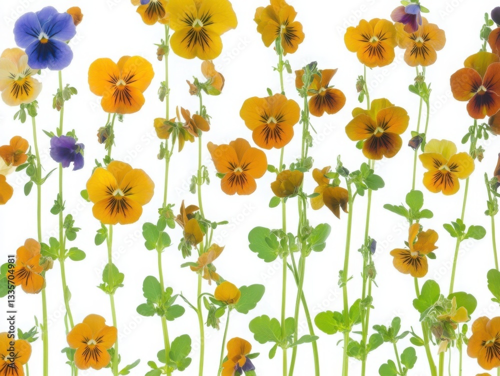Fototapeta premium A large number of pansies in various colors, growing along the bottom edge on long stems, against a white background, arranged from left to right, creating an illusion that they fill up the frame. 