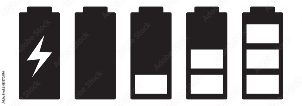 Battery charge indicator icons set. Phone charge level. Discharged and fully charged battery. Battery charge from Low to High. Variety Colorful and Black Design. Battery charge indicator icons set. Phone charge level. Discharged and fully charged battery. Battery charge from Low to High. Variety Colorful and Black Design.