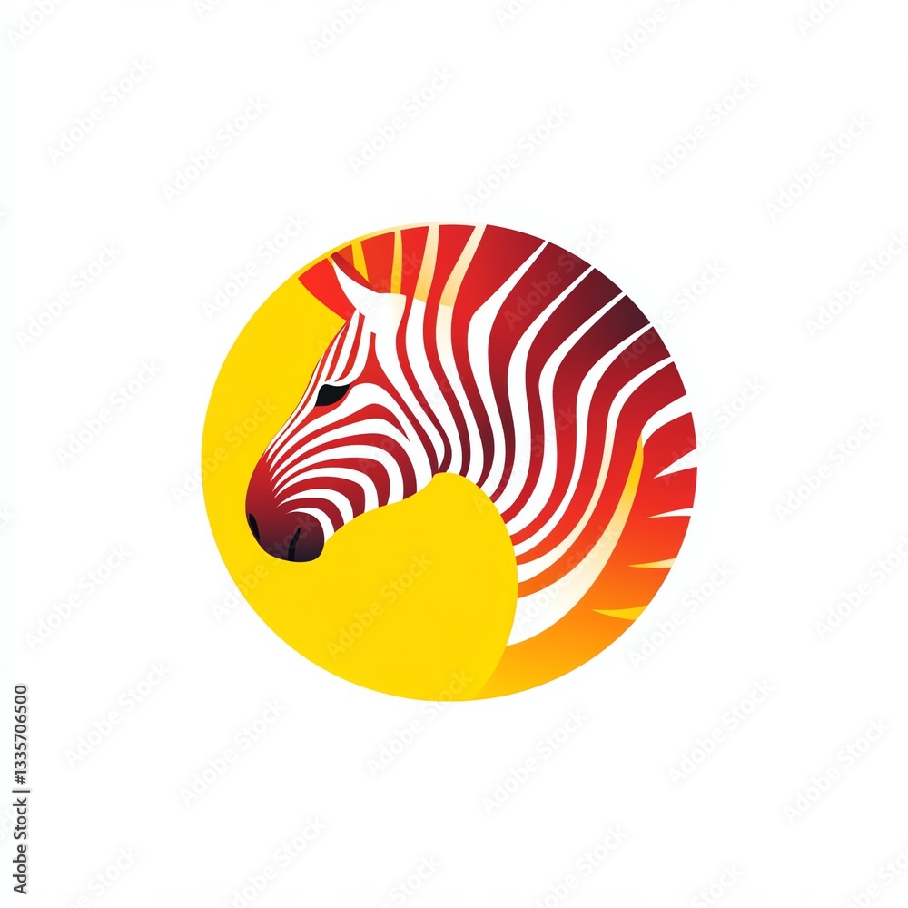 Obraz premium Fiery Zebra Head in a Yellow Circle A vibrant logo design featuring a stylized zebra head with red and white stripes, set against a bright yellow circular background.