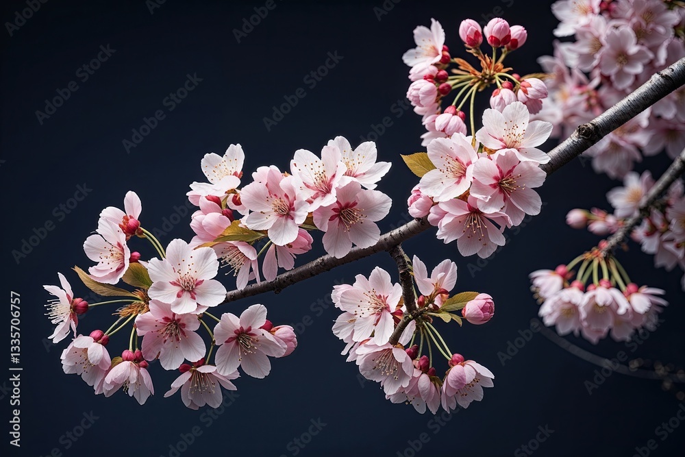 Fototapeta premium Stunning Cherry Blossom Branch with Soft Pink Blooms on Dark Midnight Background