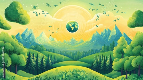 Harmony of Earth: An awe-inspiring artistic rendition of a serene landscape, where towering trees embrace rolling hills under the gentle embrace of a sun-kissed sky.