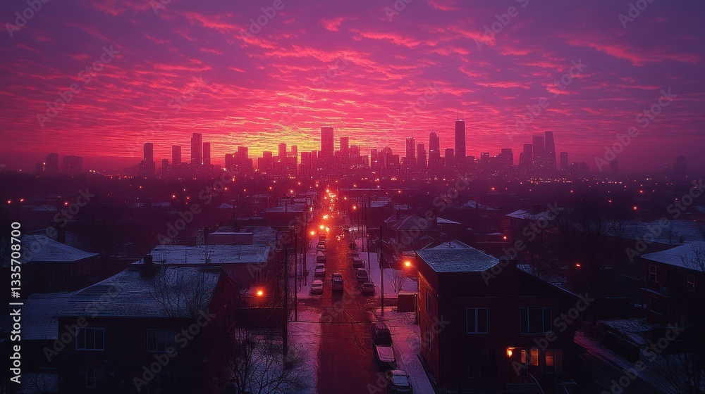 Fototapeta premium Pink Cityscape Sunrise: Aerial View of Suburban Winter Streets and a Vibrant Dawn over the City Skyline