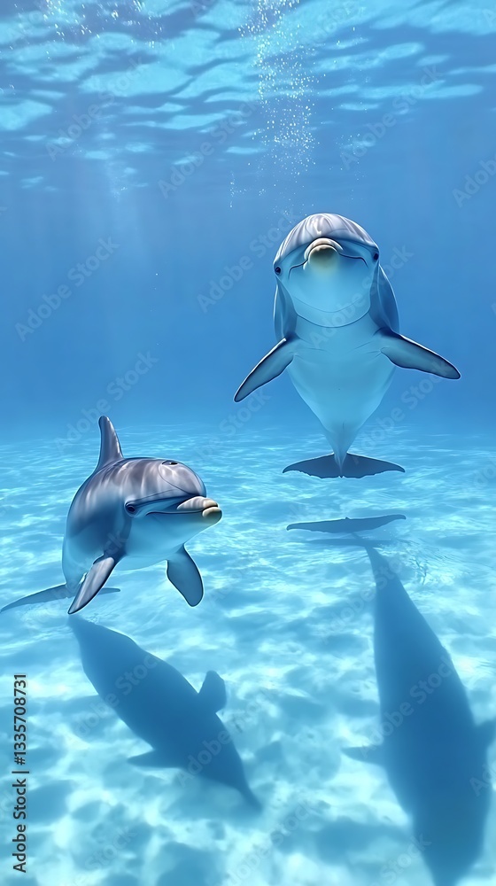 Obraz premium Oceanic Dolphins Underwater Ballet: Two Dolphins Gracefully Swim in a Crystal-Clear Ocean