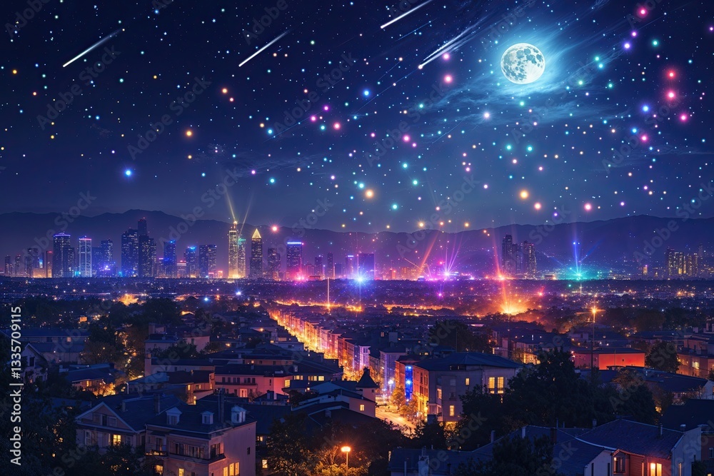 Fototapeta premium Enchanting Nighttime Cityscape with Vibrant Lights and Stunning Meteor Showers